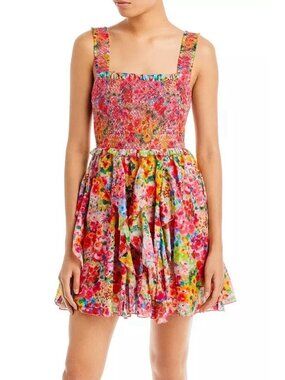 Alice + Olivia Jocelyn Bright Pink Floral Smocked Ruffle Mini Dress NWT, Size2